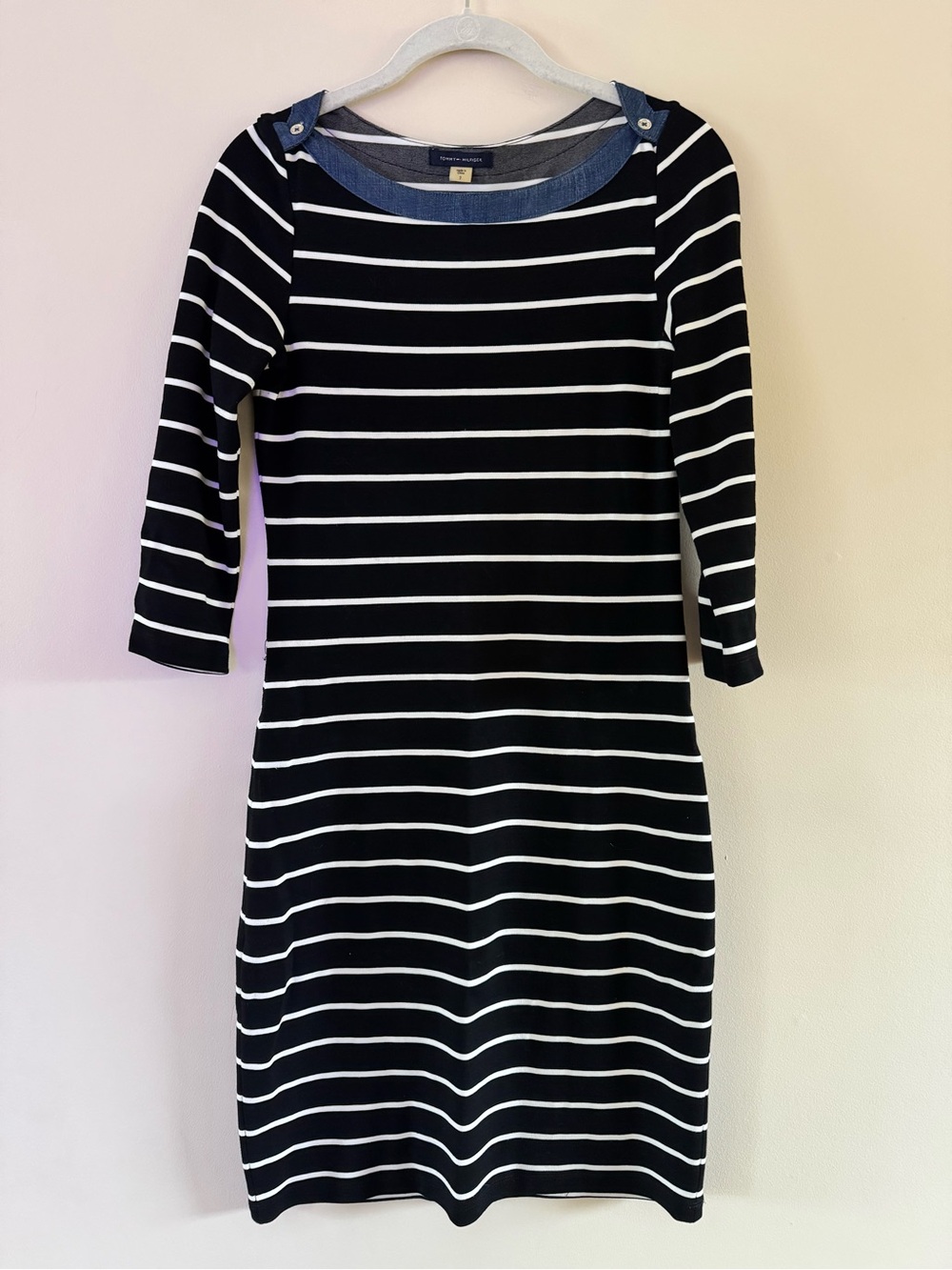 Tommy Hilfiger Striped Black & White Boatneck Dress with Button Detail